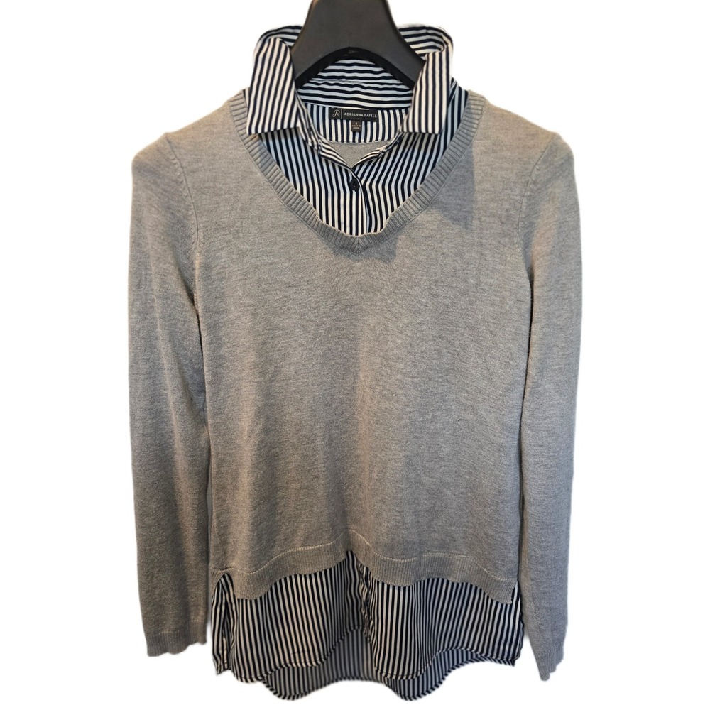 Adrianna Papell Womens 2-in-1 Layered‎ Sweater Striped Shirt Grey Navy Small